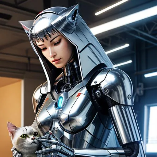 Robot Girls caring a cat AI Image.